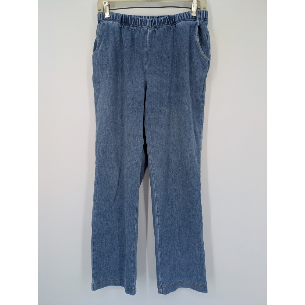 L.L.Bean Pull-on Jeans Women Med P Blue Elastic Waist Stretch Mom Straight Leg
